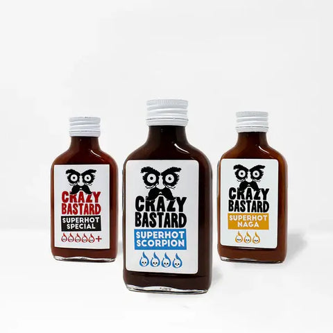 Crazy Bastard Sauce Superhot Set mit drei scharfen Sorten: Superhot Scorpion, Superhot Naga und Superhot Special, 3 x 100 ml.