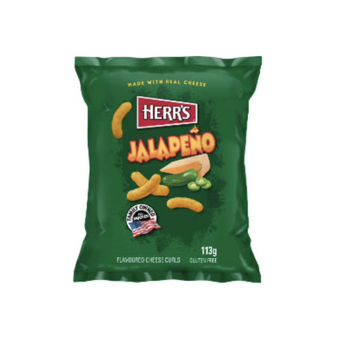 Herr's Jalapeño Cheese Curls, 113g, würzige Käse-Snacks mit Jalapeño-Aroma, hergestellt in den USA.