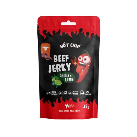 Hot Chip Beef Jerky Chili & Lime, 25g, proteinreicher Rindfleischsnack mit Chili und Limette, glutenfrei und ohne Gentechnik.