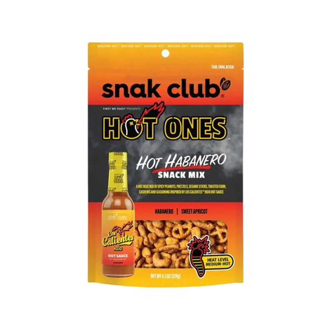 Snak Club Hot Ones Hot Habanero Snack Mix, 128g, scharfe Mischung aus Habanero-Chili und süßem Aprikose-Geschmack.