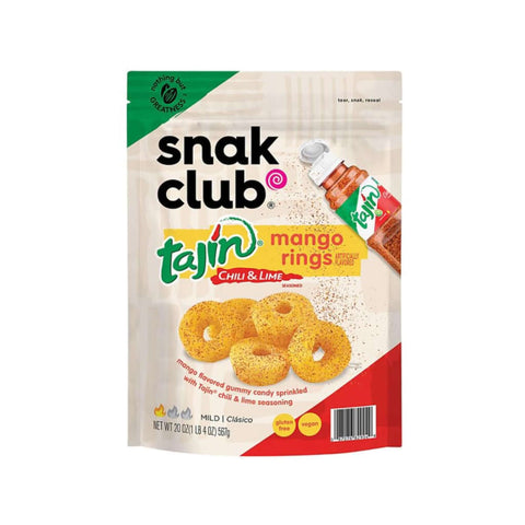 Snak Club Tajín Mango Rings, 567g, fruchtige Mango-Gummiringe, bestäubt mit der klassischen Tajín-Chili- und Limettenwürze.