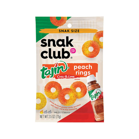 Snak Club Tajín Peach Rings, 71g, fruchtige Pfirsich-Gummiringe mit einer würzigen Tajín-Chili- und Limettenmischung.