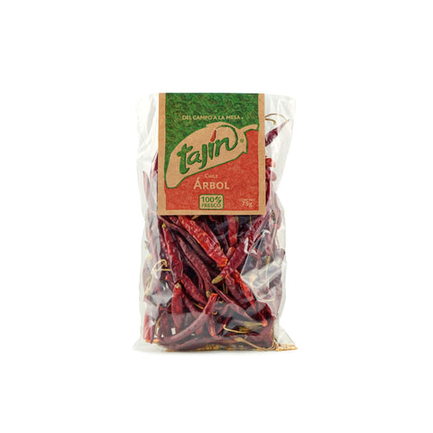 Tajin Chile de Árbol, 75g, getrocknete Árbol-Chilis mit intensiver Schärfe, ideal für mexikanische Gerichte.