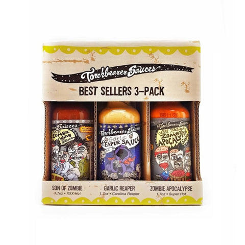 Torchbearer Sauces Best Sellers 3-Pack, mit den Sorten Zombie Apocalypse, Garlic Reaper und Son of Zombie, eine Auswahl der beliebtesten scharfen Soßen.