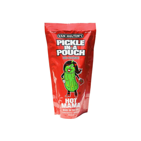 Van Holten's Pickle in a Pouch Hot Mama, einzeln verpackte würzige Gurke im Beutel mit intensiver Schärfe.