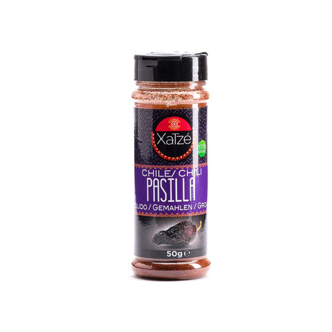 Xatzé Pasilla Chili Powder, 50g, gemahlenes Pasilla-Chili für mexikanische Gerichte und würzige Speisen.